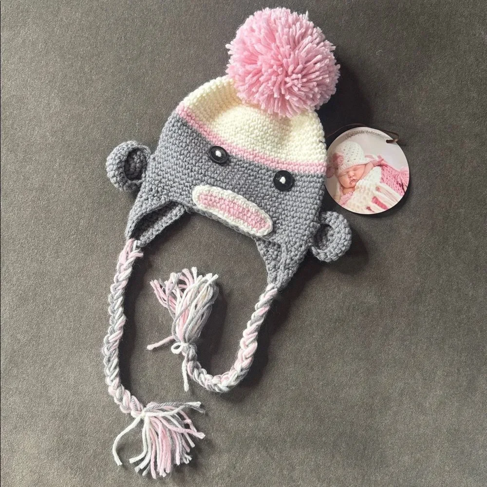Daisy Baby Sock Monkey Beanie Hat Gray with Pink Pom 6-12 months Photography NEW